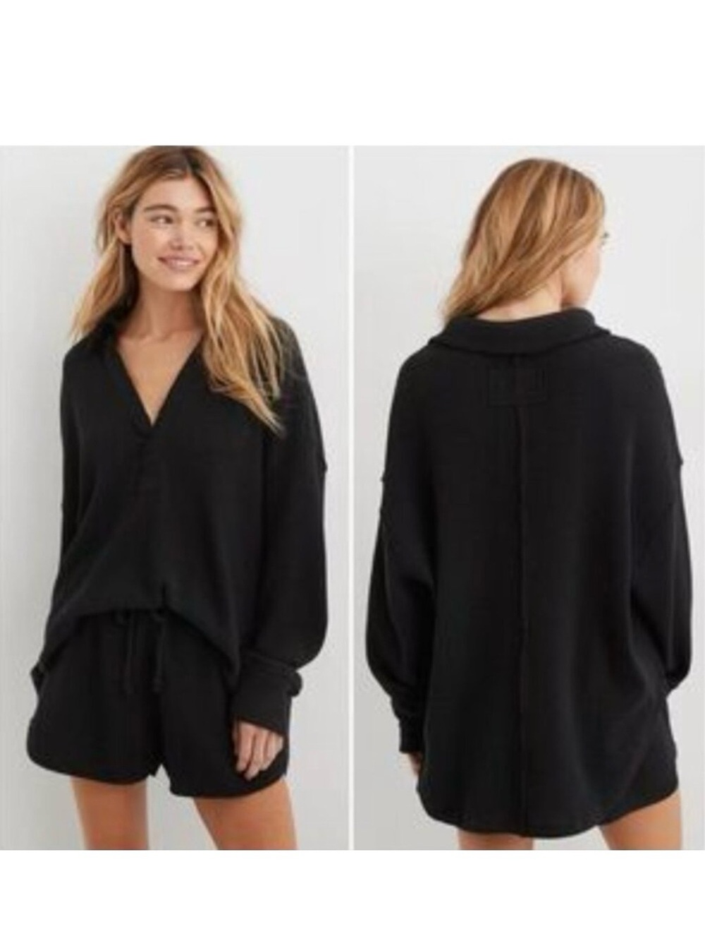 Aerie Black Waffle Knit Long Sleeve